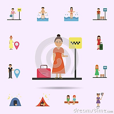 Taxi, woman, suitcase cartoon icon. Universal set of travel for website design and development, app development Stock Photo