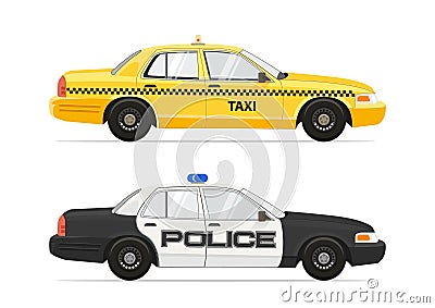 Taxi Yellow Cab NYC Car. Police Sheriff Security Car. Isolated on white background cars set. Vector illustration. Vector Illustration