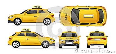 Taxi yellow car with side, front, back and top. City transport taxi icon set for mobile, web, promotions. Taxi cab isolated on Vector Illustration