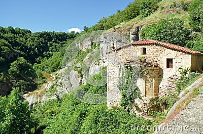 Taxiarches monastery and waterfall of Stenopotamos Stock Photo