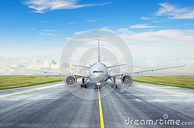 Taxiing passenger commercial airplane to the runway Stock Photo