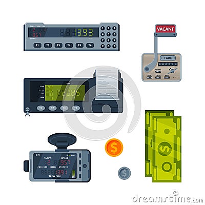 Taximeter as Car Cab Device for Fare Measurement Vector Set Vector Illustration