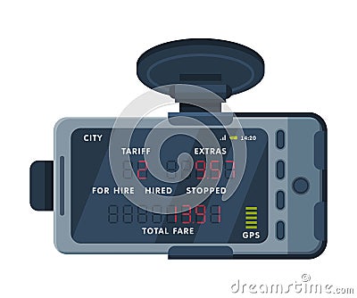 Taximeter Device, Electronic Measurement Appliance with Buttons and Screen for Taxi Car Vector Illustration on White Vector Illustration