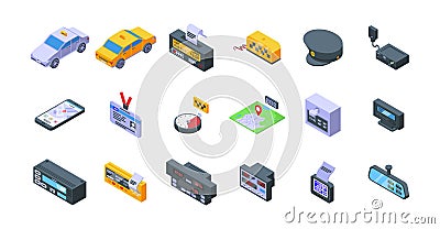 Taximeter icons set isometric vector. Auto trip Vector Illustration