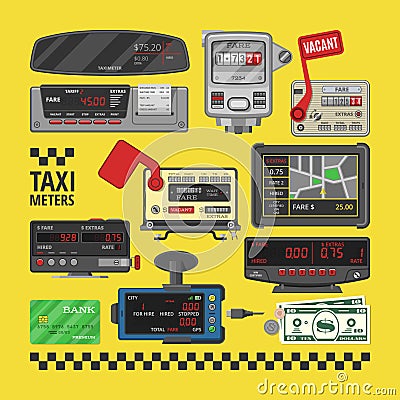 Taximeter vector cab car fare taxi meter device equipment measurement illustration set of auto distance display carfare Vector Illustration