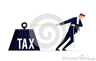 Taxpayer. Businessman is pulling a huge weight with a tax. Vector Illustration