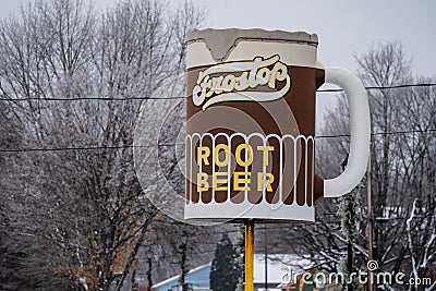 The Frostop Root Beer sign at the classic, retro drive in restaurant, taken in winter Editorial Stock Photo