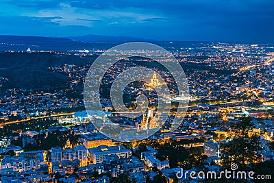 Tbilisi Georgia. Aerial Scenic Cityscape View In Evening Illimination, Stock Photo