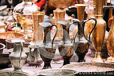 Tbilisi, Georgia. Close View Of Jugs In Shop Flea Market Of Antiques Old Retro Vintage Things Stock Photo