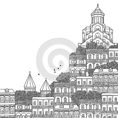 Tbilisi, Georgia - hand drawn black and white illustration Vector Illustration