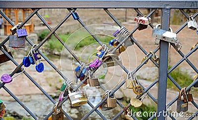 Tbilisi, Georgia. Love locks on ancient brick bridge in abanotubani. Editorial Stock Photo