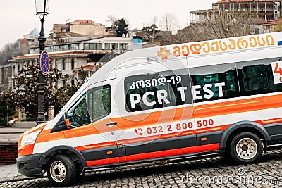 Tbilisi, Georgia. Emergency Ambulance Reanimation mobile Laboratory car for pcr test parked outdoors Editorial Stock Photo