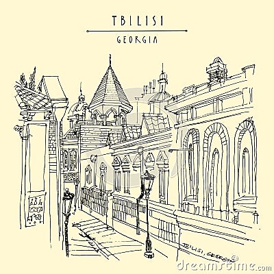 Vector Tbilisi, Georgia postcard. Alley in the old town. Cozy street view. Travel sketch drawing. Hand drawn vintage touristic Vector Illustration