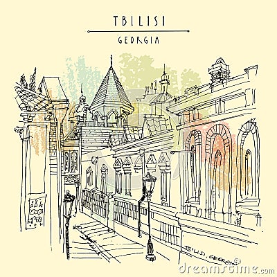 Vector Tbilisi, Georgia postcard. Alley in the old town. Cozy street view. Travel sketch drawing. Hand drawn vintage touristic Vector Illustration