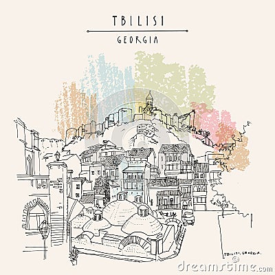 Vector Tbilisi, Georgia postcard. Muslim quarter Azerbaijani distict. Sulphur baths, Narikala fortress, beautiful houses. Travel Cartoon Illustration