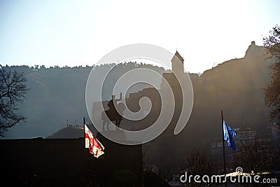 Tbilisi, winter. Monument To Vakhtang Gorgasali. In the background, Tabor Monastery of the Transfiguration. Stock Photo