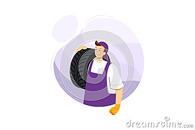 Young smiling mechanic holds a car tire at service station Vector Illustration