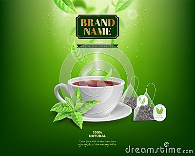 Tea ad background. Realistic green and black drink advertisement with branded teabags. Leaves and porcelain cup on Vector Illustration