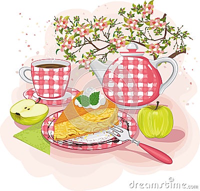 Tea with apple pie Vector Illustration