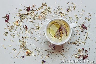 Tea background. Dry herbal tea and cup of hot tea on the gray background. Copy space Stock Photo