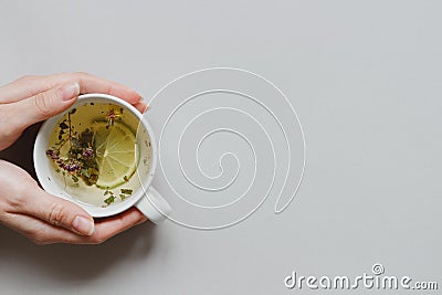 Tea background. Hands holding cup of hot green tea on the gray background, top view. Copy space Stock Photo