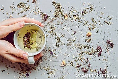 Tea background. Hands holding cup of hot tea. Dry herbal tea on the gray background, top view. Copy space Stock Photo