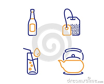 Tea bag, Beer and Water glass icons set. Teapot sign. Brew hot drink, Pub alcohol, Soda drink. Tea kettle. Vector Vector Illustration