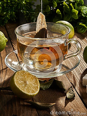 Tea in a tea bag is brewed in a transparent mug Stock Photo