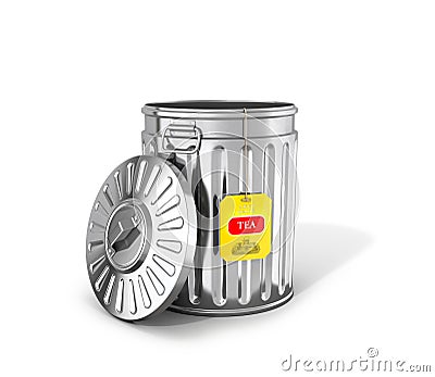 A tea bag in a garbage can on a white background. Cartoon Illustration