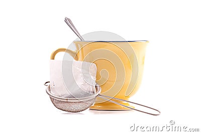 Tea Bag in Hot Water Strainer Stock Photo