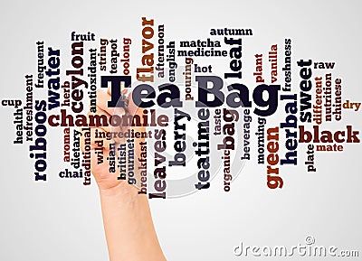 Tea bag word cloud and hand with marker concept Stock Photo