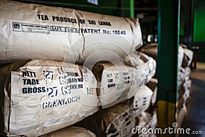 Tea bags in a warehouse of Glenloch tea factory in Nuwara Eliyah, Hill Country, Sri Lanka Stock Photo