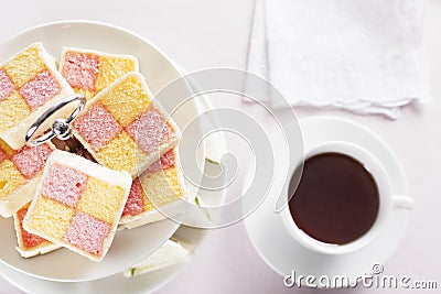Tea and Battenberg Cake Stock Photo