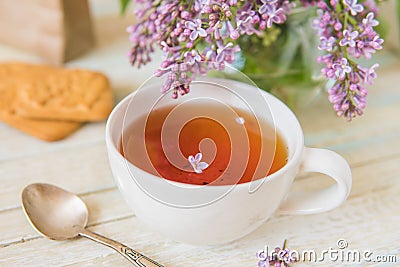 Tea and blooming lilac, petal in a cup Stock Photo