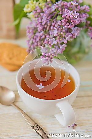 Tea and blooming lilac, petal in a cup Stock Photo