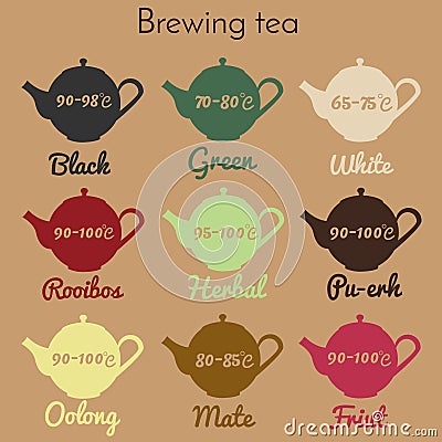 Tea brewing infographic, guide. Printable teapot icons with temperature and tea type Vector Illustration