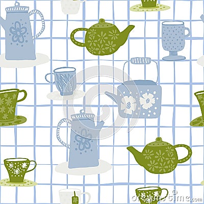 Tea ceremony doodle seamless pattern. White background with check. Green and blue cups and teapots Cartoon Illustration