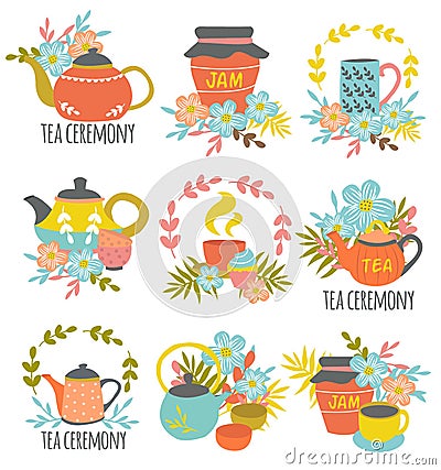 Tea Ceremony Hand Drawn Emblems Vector Illustration