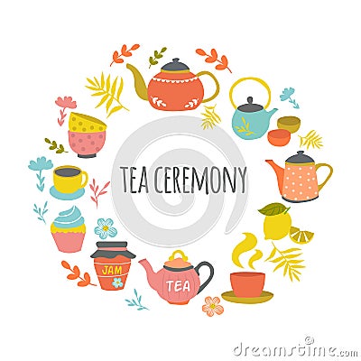 Tea Ceremony Hand Drawn Round Design Vector Illustration