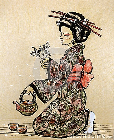 Tea ceremony in Japanese style: geisha with teapot Cartoon Illustration