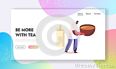 Tea Ceremony Landing Page Template. Asian Culture, Tradition and Tea Drinking Ritual. Tiny Male Character Carry Huge Cup Vector Illustration