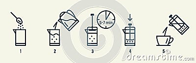 Tea or coffee brewing instruction. Tea, coffee making, brew process icons. Vector Illustration