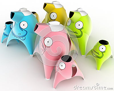 Tea and coffee children`s service designed in the form of cartoon characters stylized for different animals. 3D Cartoon Illustration