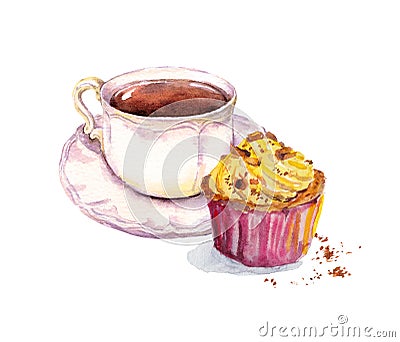 Tea or coffee cup, muffin cake. Watercolor Stock Photo