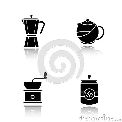 Tea and coffee drop shadow black icons set Vector Illustration