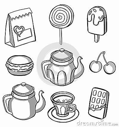 Tea, coffee, pastry, Cakes and macaroons icons Cartoon Illustration