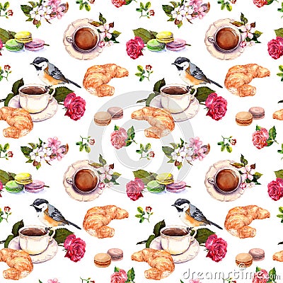 Tea, coffee pattern - flowers, croissant, macaroon, bird. Watercolor. Seamless Stock Photo