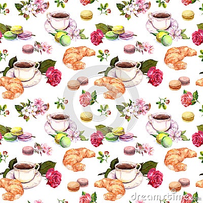 Tea, coffee pattern - flowers, croissant, teacup, macaroon cakes. Watercolor. Seamless Stock Photo