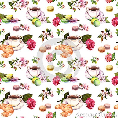 Tea, coffee pattern - flowers, croissant, teacup, macaroon cakes. Watercolor. Seamless Stock Photo