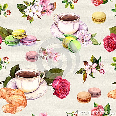 Tea, coffee pattern - flowers, croissant, teacup, macaroon cakes. Watercolor. Seamless Stock Photo